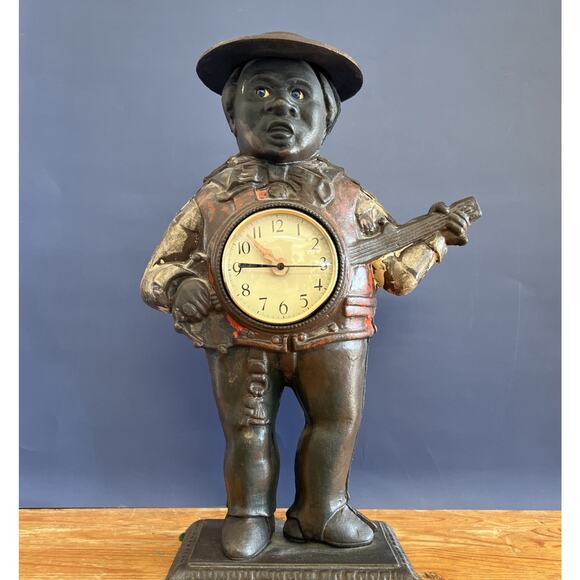 VTG Cast Iron Banjo Player Clock Figurine-16.5″ Tall-Glass Eyes-Black Americana - Picture 1 of 10